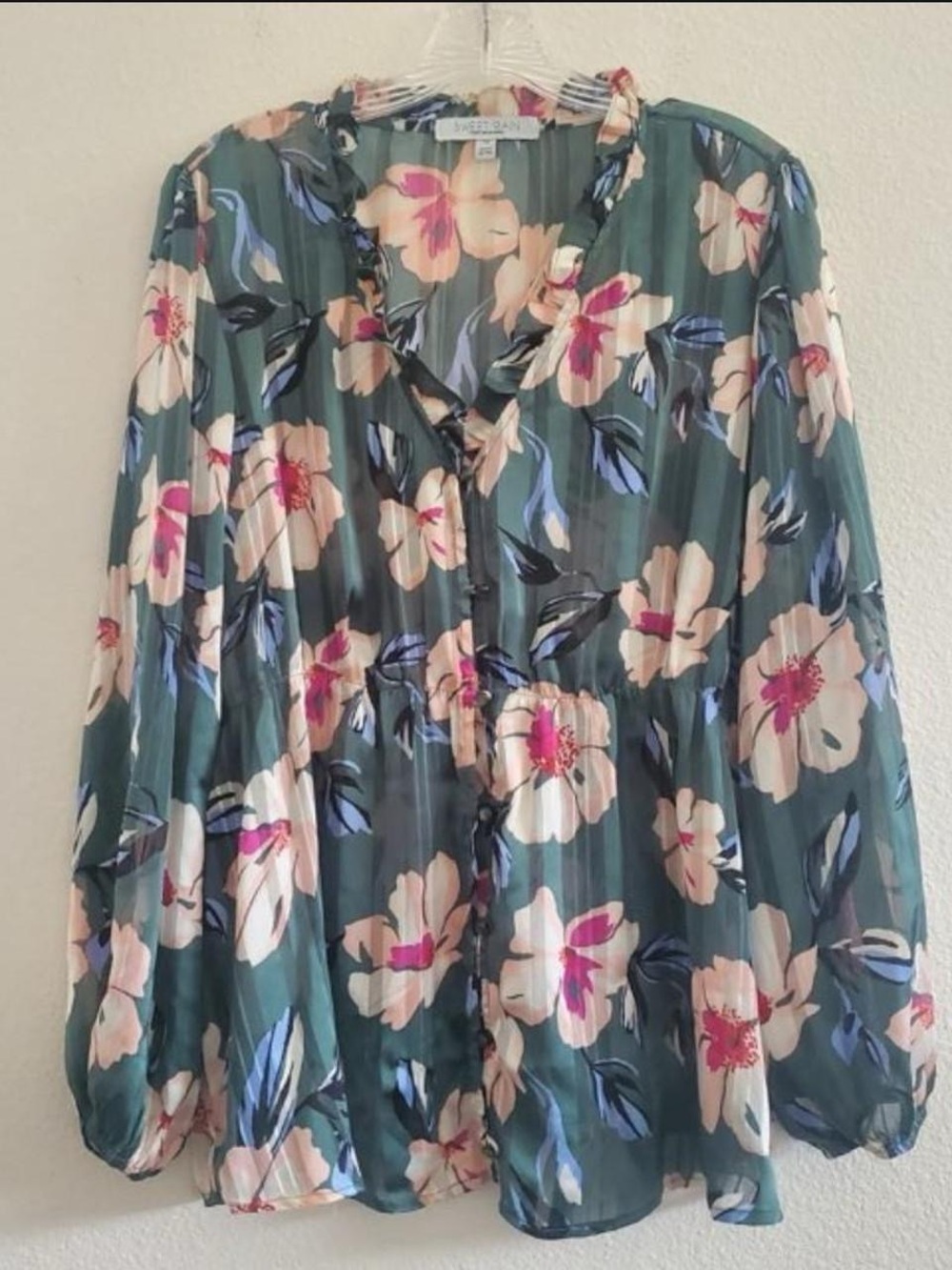 Sweet Rain Green Floral Ruffle-Trim Blouse